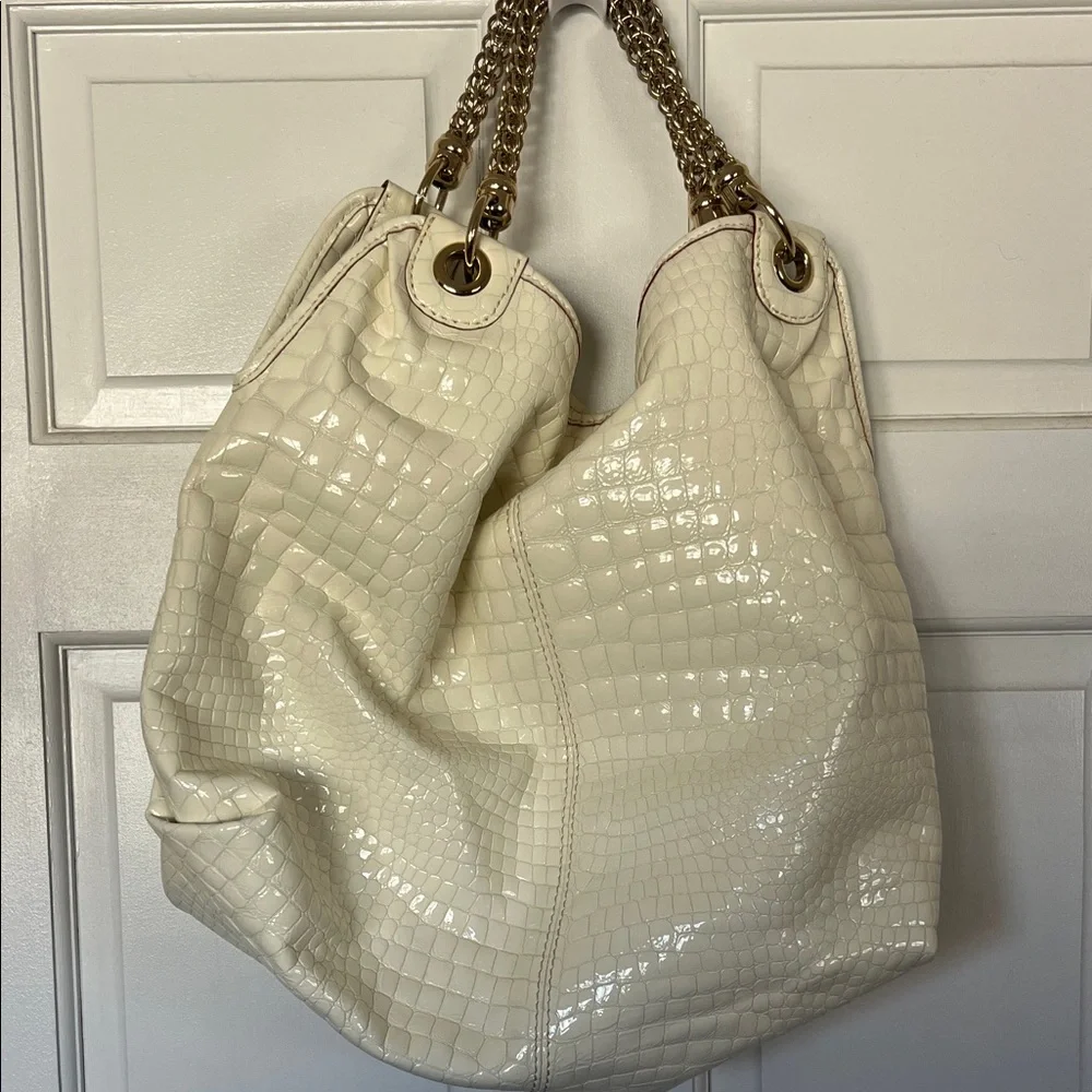 Antonio Melani Cream Croc-Embossed Chain Handle Shoulder Bag